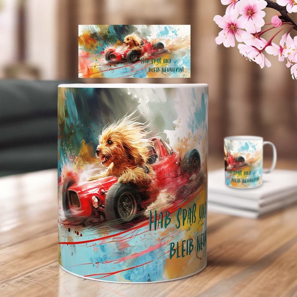 Tassen Sublimation Druckvorlage | Hab Spaß und bleib neugierig | Autorennen PNG Sublimation Design Download | Lustiges Tassendesign mit Hund