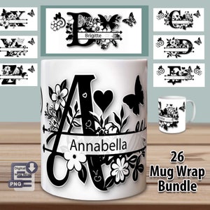 Monogram Alphabet Mug Wrap Sublimation – Split Floral Alphabet PNG Bundle – 11 oz & 15 oz Personalized Design