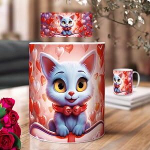 Cat Sublimation Mug Design – PNG Print Templates Download for Coffee Mugs – Pet Lover Gift with Heart Balloon