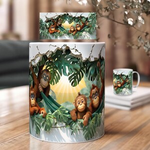 3D Tassen Sublimation Design mit Orang-Utan Familie – Loch in der Wand Motiv | Affen PNG Druckvorlagen Download | Geschenk Kaffeebecher Idee