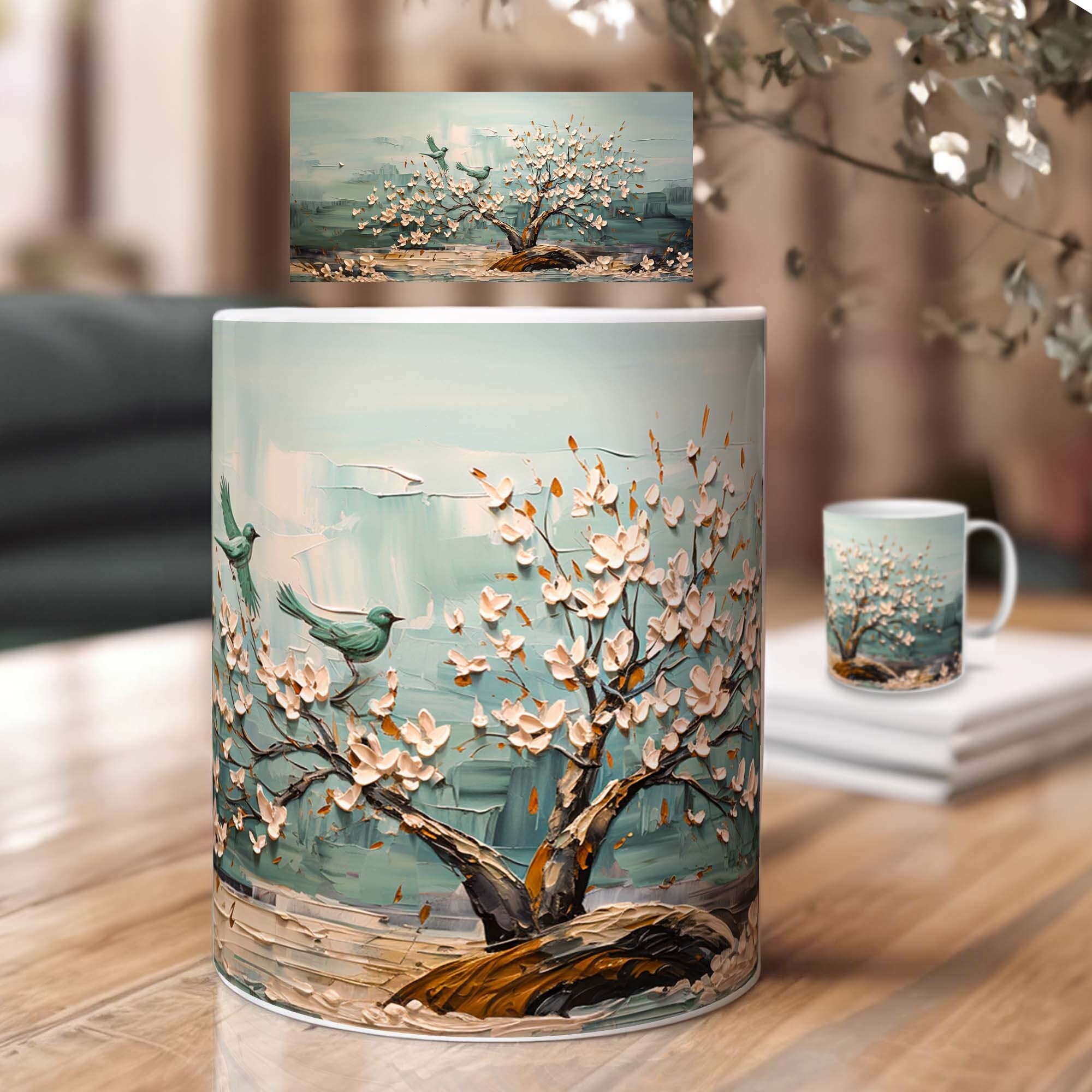 Tea Sublimation Blooming - Print Fans and Tree Style Japandi in PNG Painting Etsy Mug 3D Idea Gift for 15oz 11oz Design Template Oil