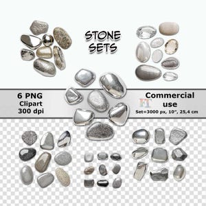 Op de afbeelding: Set van zes zilverkleurige stenen, elk met een unieke textuur en vorm. De stenen zijn in een cirkelvormige opstelling op een witte achtergrond geplaatst. De tekst "STONE SETS" is in het zwart boven de stenen geschreven. De tekst "6 PNG Clipart 300 dpi" is in het zwart onder de stenen geschreven. De tekst "Commercial use Set=3000 px, 10", 25,4 cm" is in het zwart onder de stenen geschreven.