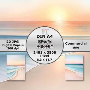 Papier numérique Sunset Beach 20 fonds A4 pour scrapbooking et journaling, cartes, projets de bricolage, utilisation commerciale