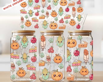 Kawaii Fall Can Glass Wrap, Sublimation & UV DTF PNG – Corn, Pumpkin, Pie Slice – Digital Design 16 oz, Instant Download