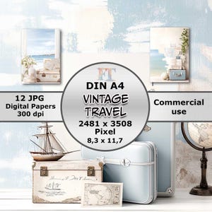 Ensemble de papier numérique au style de voyage nostalgique, format portrait A4, 12 modèles, look vintage, scrapbooking, junk journals, utilisation commerciale
