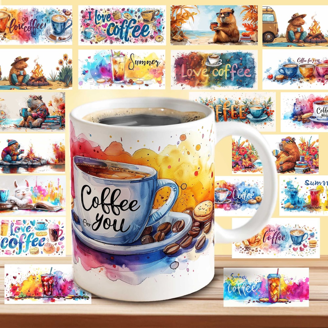 Watercolor Coffee Mug Sublimation Bundle – 20 PNG Designs for 11 & 15 ...