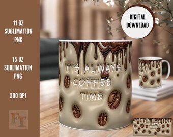 コーヒーマグ昇華 | 膨らませたデザイン | コーヒータイム | 3D昇華マグデザイン | 11オンスと15オンスのコーヒーマグ