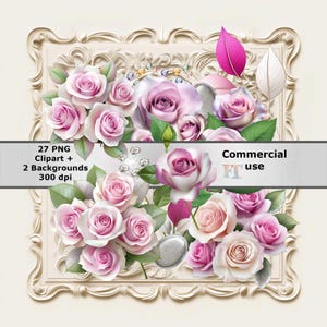 Bruiloft clipart set, 27 PNG-bestanden en 2 digitale papieren, bloemmotief en edelstenen, transparante achtergrond, commercieel gebruik