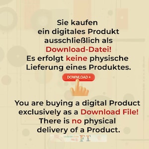 May include: A graphic with text in German and English explaining that the product is a digital download and there is no physical delivery. The text is on a yellow background with a red button that says "Download +" and a hand pointing at the button.