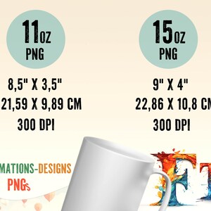 May include: Two sublimation designs for 11oz and 15oz mugs. The 11oz design is 8.5 inches by 3.5 inches, or 21.59 cm by 9.89 cm. The 15oz design is 9 inches by 4 inches, or 22.86 cm by 10.8 cm. Both designs are 300 DPI.