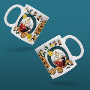Zwei schwebende Teebecher sublimiert mit einem 3D aufgeblasenem Teetassen Motiv