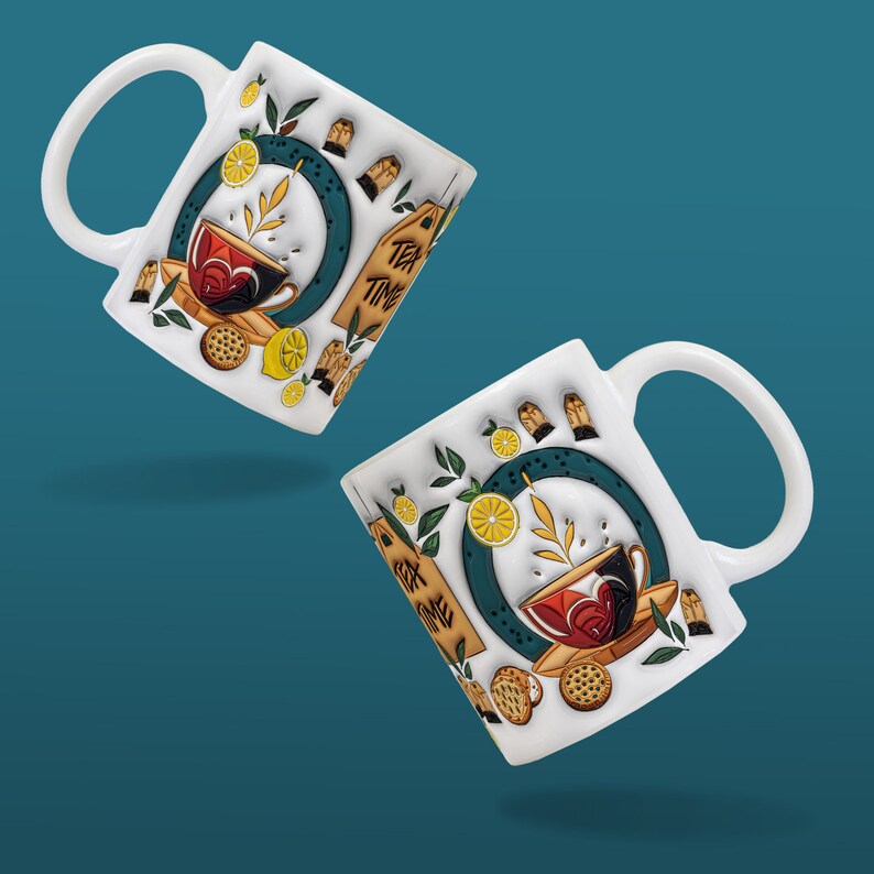 Zwei schwebende Teebecher sublimiert mit einem 3D aufgeblasenem Teetassen Motiv