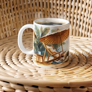 May include: A white ceramic coffee mug with a tropical scene featuring a sloth relaxing in a lounge chair under a beach umbrella. The mug has a black handle and is filled with coffee.
