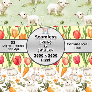 Könnte beinhalten: Ein Set mit 32 digitalen Papieren mit Frühlings- und Ostermotiven. Die Papiere enthalten Bilder von Lämmern, Tulpen, Karotten und Hasen. Die Papiere sind 3600 x 3600 Pixel groß und haben eine Auflösung von 300 dpi. Sie sind für kommerzielle Zwecke bestimmt.