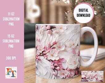 Kirschblüten 3D Sublimation Tassen Design | Ölmalerei Style   | 11oz und 15oz Tassen PNG Druckvorlage Download