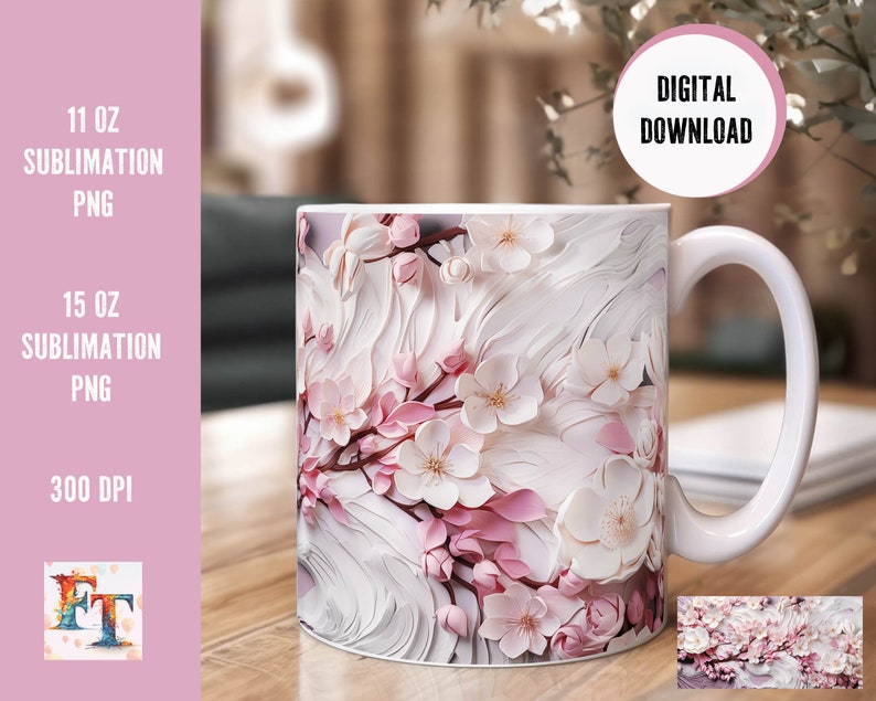 Kirschblüten Sublimation Tassen Druckvorlage als PNG Download-Datei zum Sublimieren für Kaffeebecher.