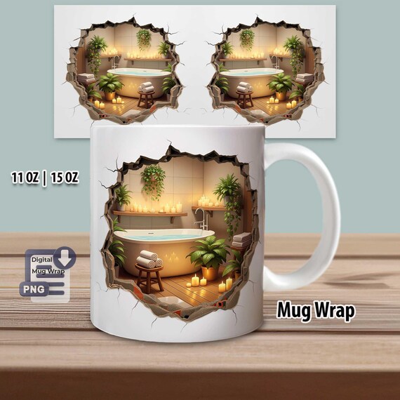 Wellness 3D Loch in Wand Sublimation Tassen Druckvorlage, Mug Wrap für 11oz & 15oz Tassen, Badewanne Entspannung PNG Download-Datei