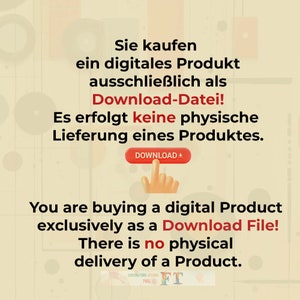 May include: A graphic with text in German and English explaining that the product is a digital download and there is no physical delivery. The text is on a yellow background with a red button that says "Download +" and a hand pointing at the button.