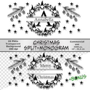 Puede incluir: Diseños de monogramas navideños en blanco y negro con los textos «Annabella», «Merry» y «Christmas». La imagen incluye elementos decorativos como estrellas, ramas de pino e ilustraciones de gnomos. La imagen mide 25,4 cm.