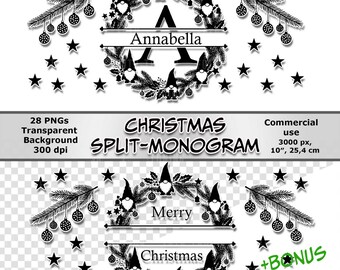 Christmas Split Monogram A-Z PNG Bundle | Gnome & Pine Branch Alphabet | Transparent Christmas Sublimation Letters Clipart