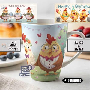 Lustige Hühner als Tassen Sublimation Bundle, 20 PNG Motive für 11OZ & 15OZ Becher, Sublimation Vorlagen als digitale Download-Dateien