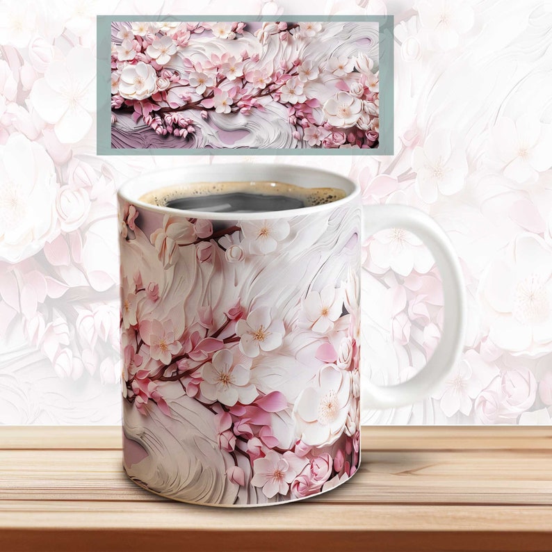 Kirschblüten 3D Sublimation Tassen Druckvorlage als PNG Download-Datei zum Sublimieren für Kaffeebecher.