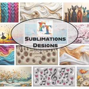 May include: A collage of colorful images, including a knitted fabric, a swirling pattern, a coffee cup with the text "It's always coffee time", a tree with white blossoms, a musical note design, and a floral arrangement. The collage is framed by a white oval with the text "Sublimations Designs" and the letters "FT" in colorful paint.