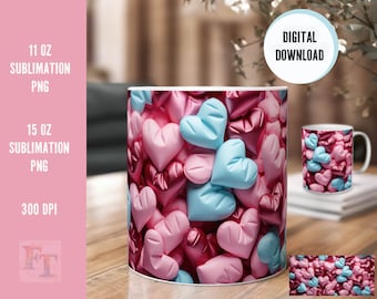 Diseño de sublimación de tazas de corazón como idea de regalo | Diseño de corazones de globos 3D | Tazas de café de 11 oz y 15 oz | Descargar diseño del día de San Valentín.