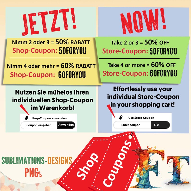 May include: A colorful graphic with the text "JETZT!" and "NOW!" in red. The graphic shows two coupon codes: "50FORYOU" and "60FORYOU". The graphic also includes the text "Shop-Coupon" and "Store-Coupon".