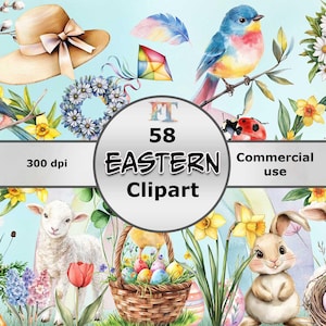 Könnte beinhalten: Ein Set mit 58 Aquarell-Easter-Clipart-Bildern, die eine Vielzahl von Frühlingsmotiven zeigen, darunter ein Kaninchen, ein Lamm, ein Vogel, ein Korb mit Eiern, Blumen und einen Hut. Die Bilder sind perfekt zum Erstellen von Osterkarten, Einladungen und anderen Bastelarbeiten.