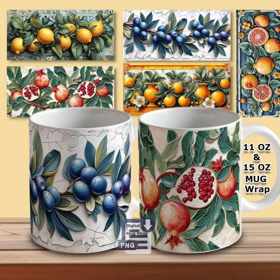 Bundle: 5 mediterrane Tassen Sublimation Designs im Vintage Stil, PNG Vorlagen 11 OZ & 15 OZ, Zitronen, Orangen, Granatapfel, Italien Flair