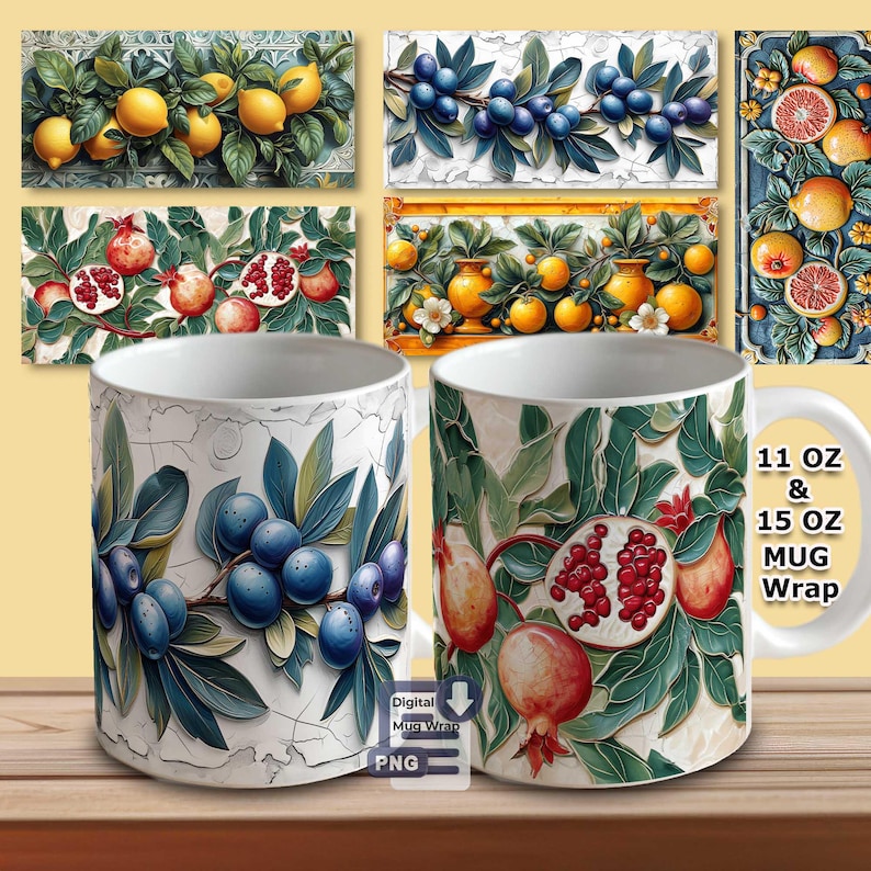 Italien für die Kaffeetasse! 5 Vintage-Motive mit Zitronen, Orangen, Granatäpfeln & Oliven – perfekte PNG-Vorlagen für 11oz & 15oz Sublimationstassen.