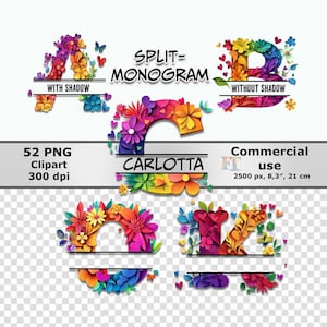 Paquete de imágenes prediseñadas de monograma floral dividido, 52 archivos PNG, alfabeto A-Z, diseño veraniego, diseño de sublimación para tazas y camisetas, uso comercial