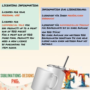 May include: Licensing information for a digital design product. The text states that the design can be used for personal use and for commercial sale for up to 500 pieces.  For more than 500 pieces, a new license is required. The image also shows two white mugs with a colorful design that says "OFT".