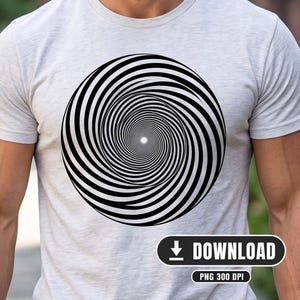 Può includere: Una t-shirt grigio chiaro mélange con una grande grafica circolare a spirale bianca e nera centrata sul petto. Il design crea un'illusione ottica di profondità, attirando l'occhio verso un piccolo punto centrale bianco. Include il testo DOWNLOAD e PNG 300 DPI.
