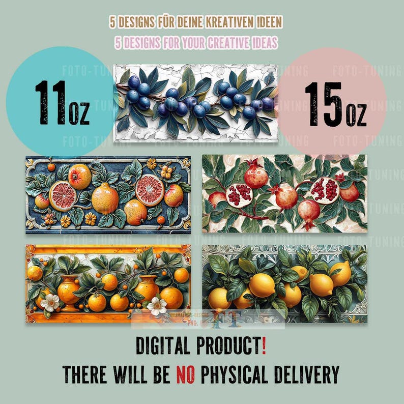 Dieses Bundle bringt mediterranes Lebensgefühl direkt auf die Tasse. 5 verschiedene Designs im italienischen Vintage-Look zeigen Granatäpfel, Zitronen, Orangen, Oliven & Blutorangen – eingebettet in kunstvolle Blätter, florale Muster und plastische 3D-Optik.