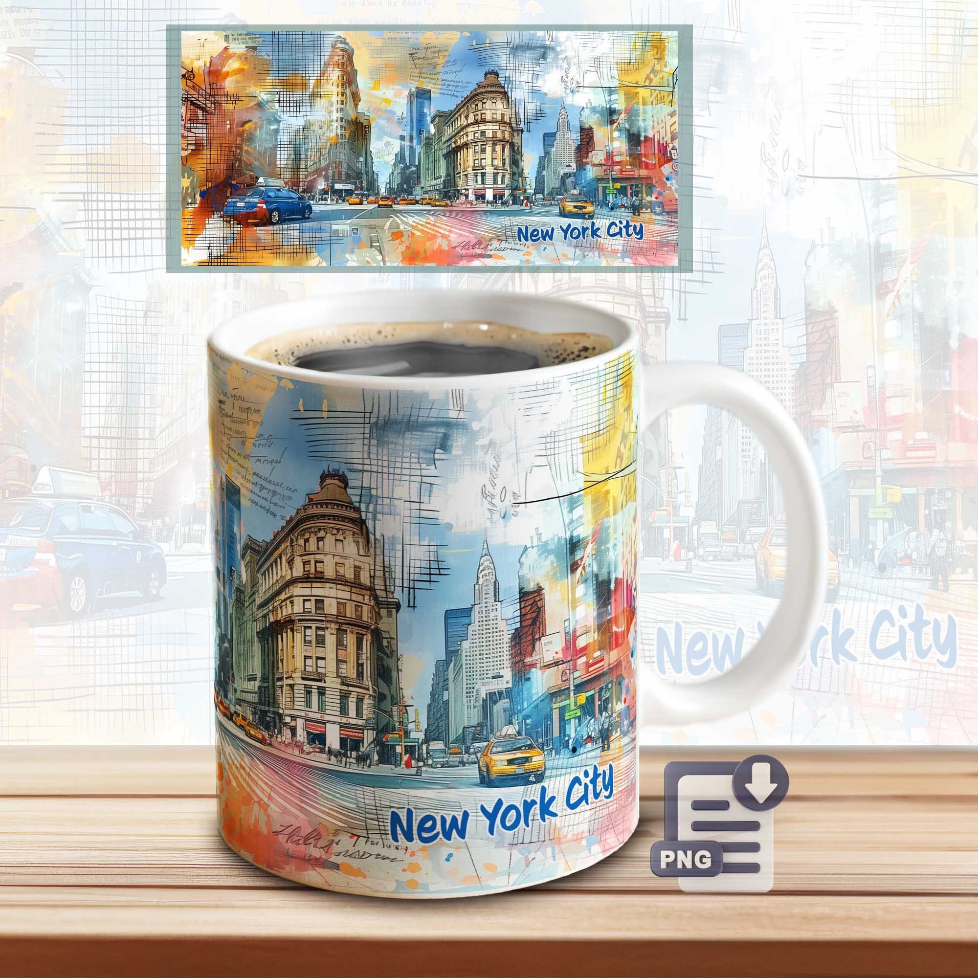 New York City Mug Wrap Sublimation – City Souvenir PNG Design – 15 oz Coffee Mug Download