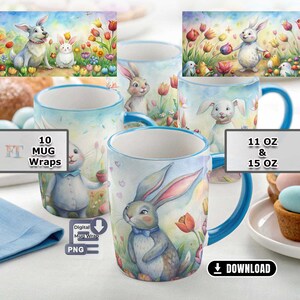 Può includere: Set di 10 involucri digitali per tazze con un'illustrazione ad acquerello di un coniglio con un papillon blu e fiori. Gli involucri sono disponibili nelle dimensioni 11 oz e 15 oz. Involucro digitale per tazza PNG.
