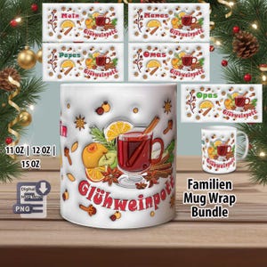 Pode incluir: Caneca de cerâmica branca com um design Glühweinpott, apresentando uma ilustração festiva de uma bebida de vinho quente com fatias de laranja e paus de canela. A caneca faz parte de um pacote de embrulho de caneca familiar.