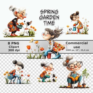 Garten Clipart – Frauen Karikaturen beim Gärtnern im Frühling, PNG, transparent für Sublimation, Scrapbooking & DIY, kommerzielle Nutzung