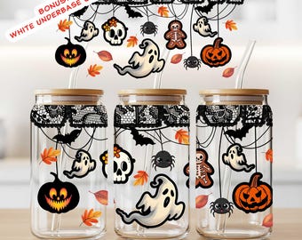 Halloween Glass Can Wrap, Spooky Can Glass Sleeve, 16 OZ Png Template, UV-DTF & Sublimation, Iced Coffee Cup Wrap Download