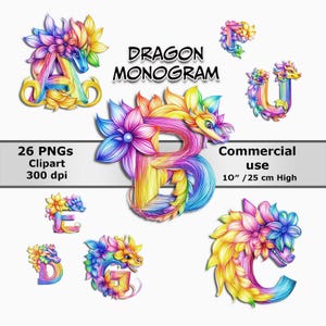 Drachen Monogramm Clipart Set – 26 PNG Buchstaben, 3000 Pixel Höhe, transparenter Hintergrund, 3D-Schatten Effekt, kommerzielle Nutzung
