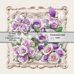 Paarse rozen clipart set, 27 PNG-bestanden en 2 digitale papieren, bruiloft clipart, met transparante achtergrond, bloemdessin