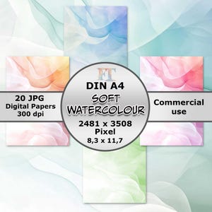 Soft Watercolour Digital Paper Set – 20 Pastellfarben – DIN A4, Aquarell-Look, Digitales Papier als Hintergrund, kommerzielle Nutzung