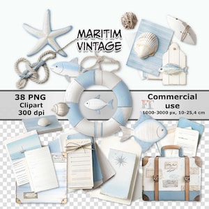 Ensemble d'images clipart maritimes, 38 PNG avec fond transparent, style de voyage vintage pour le scrapbooking, les cartes, 300 dpi, utilisation commerciale