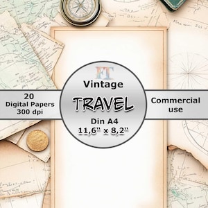 Papier numérique DIN A4 voyage | dessins de voyage vintage imprimables pour le scrapbooking, les dessins et cartes de bricolage, les bons | Utilisation commerciale