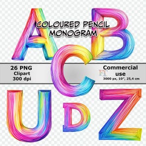 Regenbogen Monogramm Clipart Set, 26 PNG Buchstaben, Buntstift Alphabet, transparenter Hintergrund, digitales Alphabet, kommerzielle Nutzung