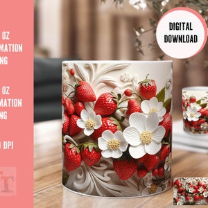Strawberry Mug Sublimation Design Print Template - Design for DIY Ideas | 3D Porcelain Style PNG | 11oz and 15oz Mug Design