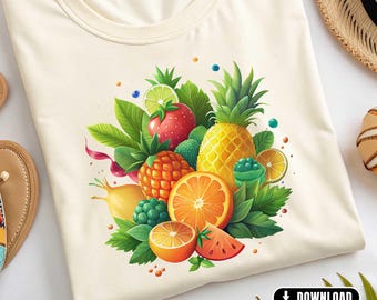 Summer Fruits T-Shirt Sublimation Design – Tropical Fruit Illustration – Summer Clipart, DIY and Creative Projects | PNG Download File