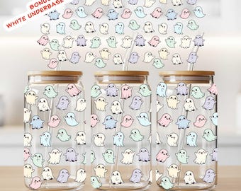 Kawaii Ghosts 16oz Can Glass Wrap, Cute Halloween Ghosts, Can Glass Wrap PNG Template, UV DTF & Sublimation, Instant Download